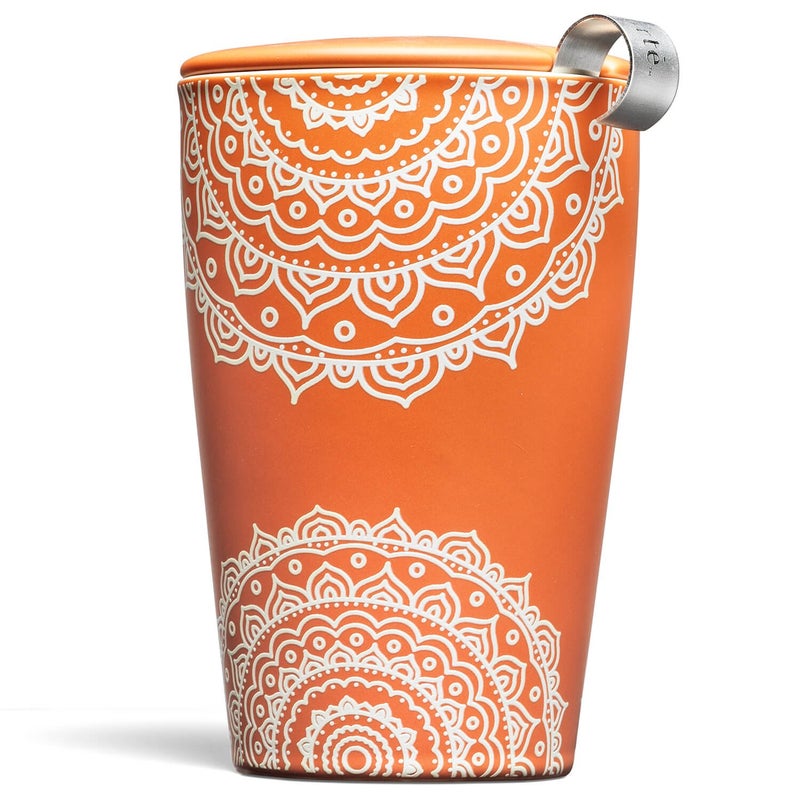 Tea Forte كوب كاتي السيراميكي مزدوج الجدار من تي فورت، سلة مصفاة ستانلس ستيل قابلة للإزالة وغطاء، ينقع 12 أونصة من الشاي السائب، آمن في غسالة الصحون والميكروويف، تشاكرا - Image 1